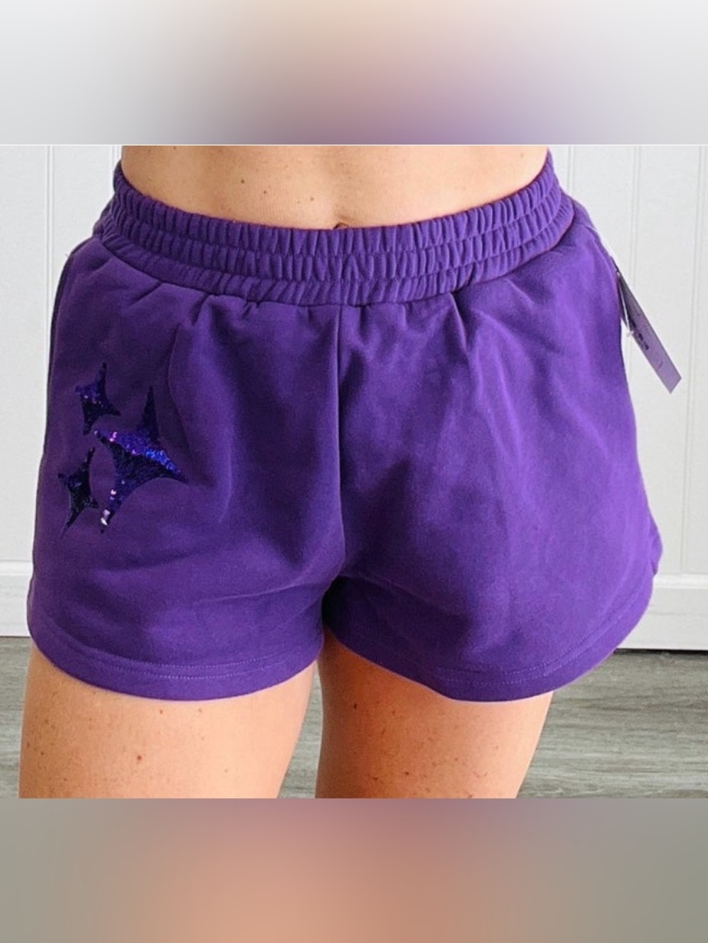 NEW - QUEEN OF SPARKLES - Purple Logo Sequin Shorts - Woman's Small